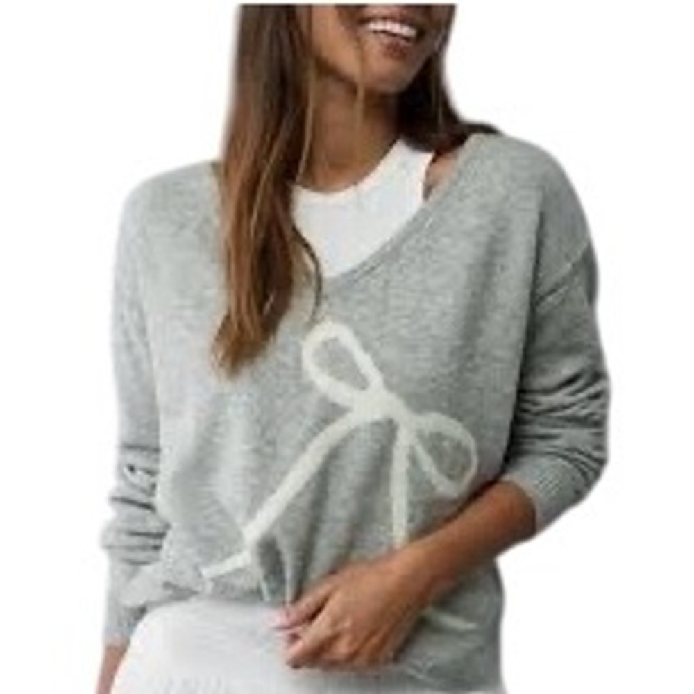American Eagle Gray Bow Sweater - Women's Size XS Long Sleeve Knit‎ Preppy